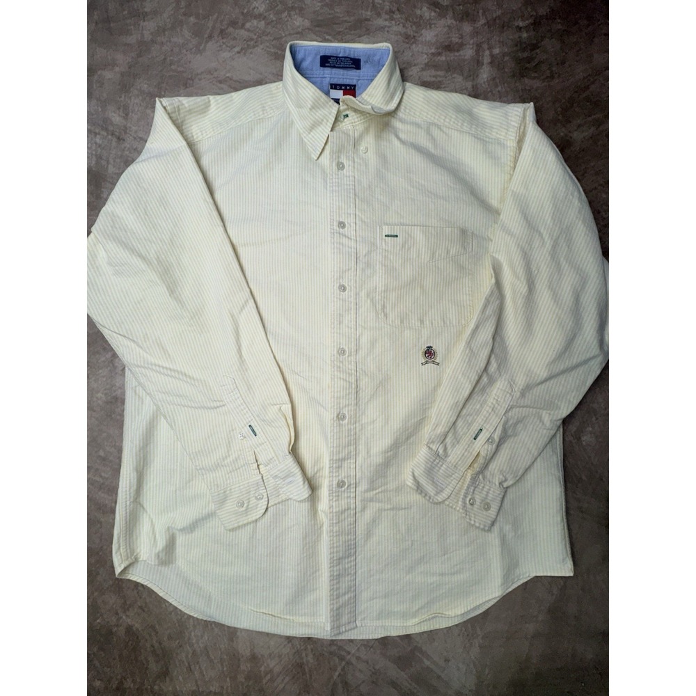 Tommy Hilfiger Long Sleeve Yellow White Stripes Button Up Shirt Size Mens Medium
